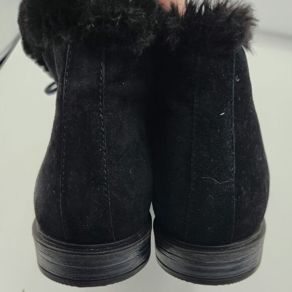 Black Suede Ankle Boots with Faux Fur Trim, Lace-Up Closure - Picture 10 of 15